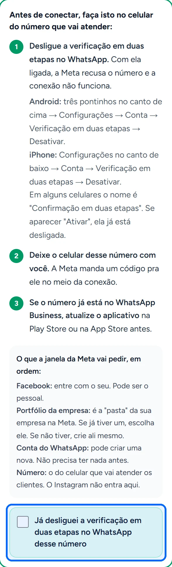 Passos que a Certu pede no celular antes de conectar o número na API oficial da Meta