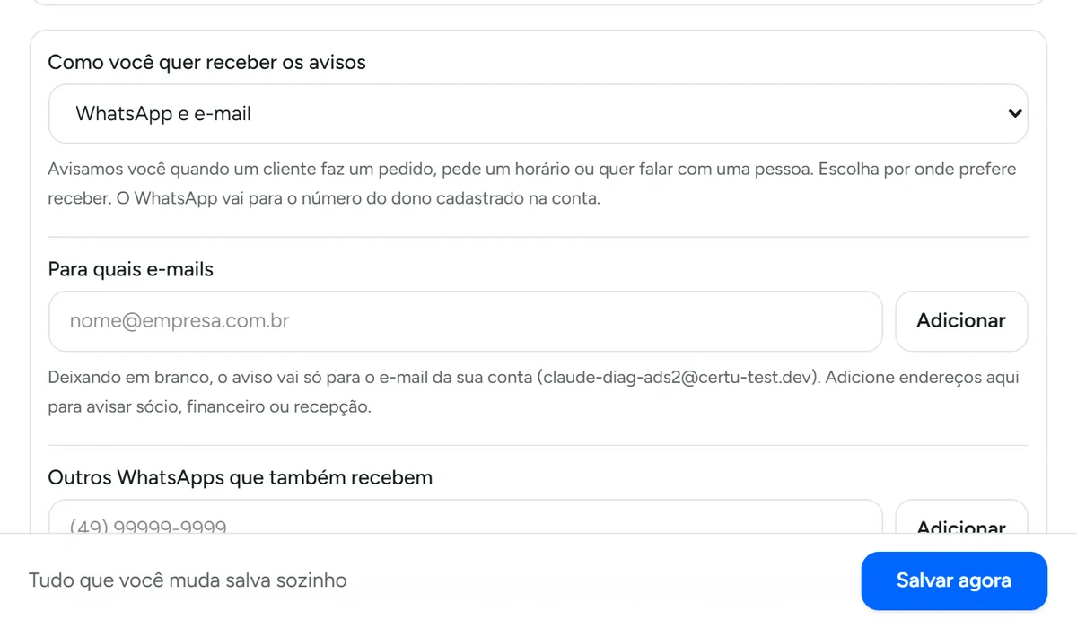 Escolha do canal dos avisos