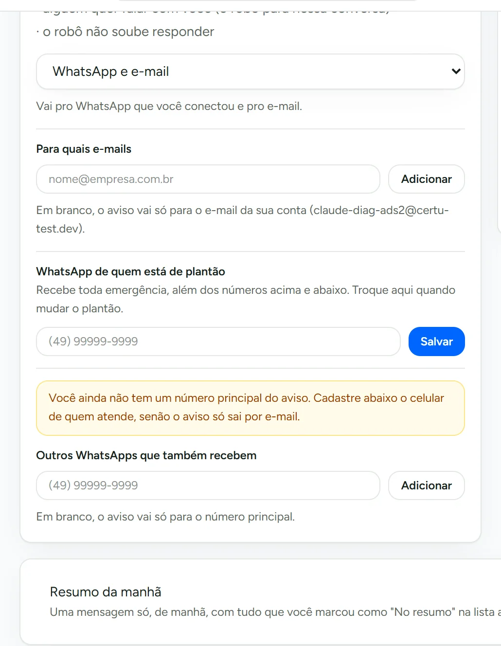 Cadastro de e-mails e números que recebem os avisos