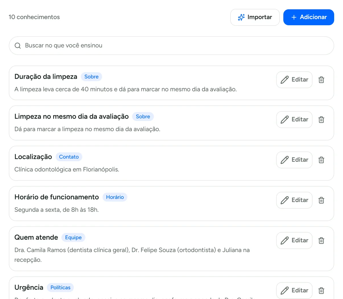 Lista de fichas de conhecimento do Cérebro da Certu, com título e categoria