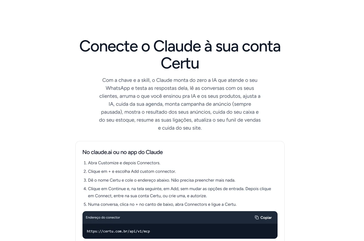 Página de conexão da Certu com o Claude