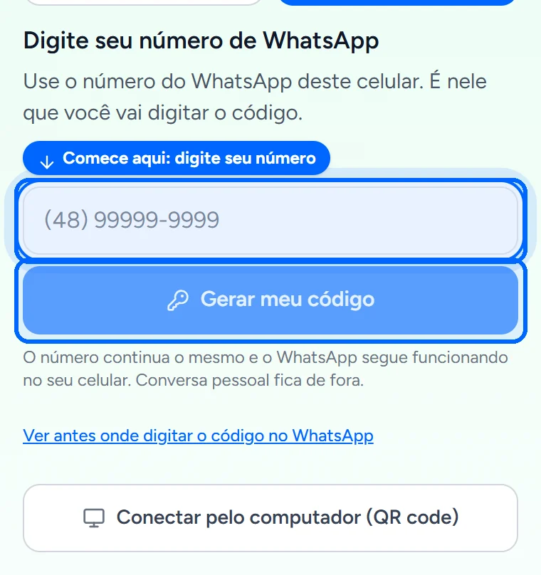 Tela de conectar o WhatsApp da Certu no celular, com o campo do número da empresa