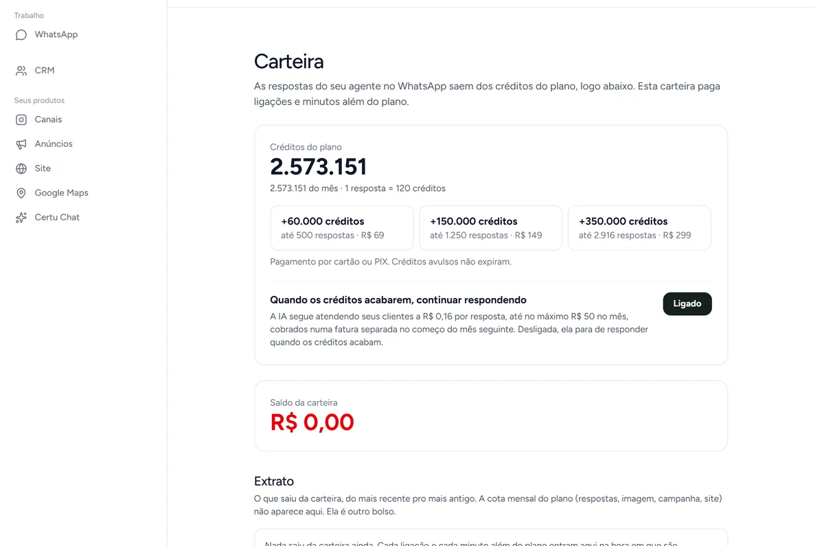 Pacotes de créditos à venda na Carteira