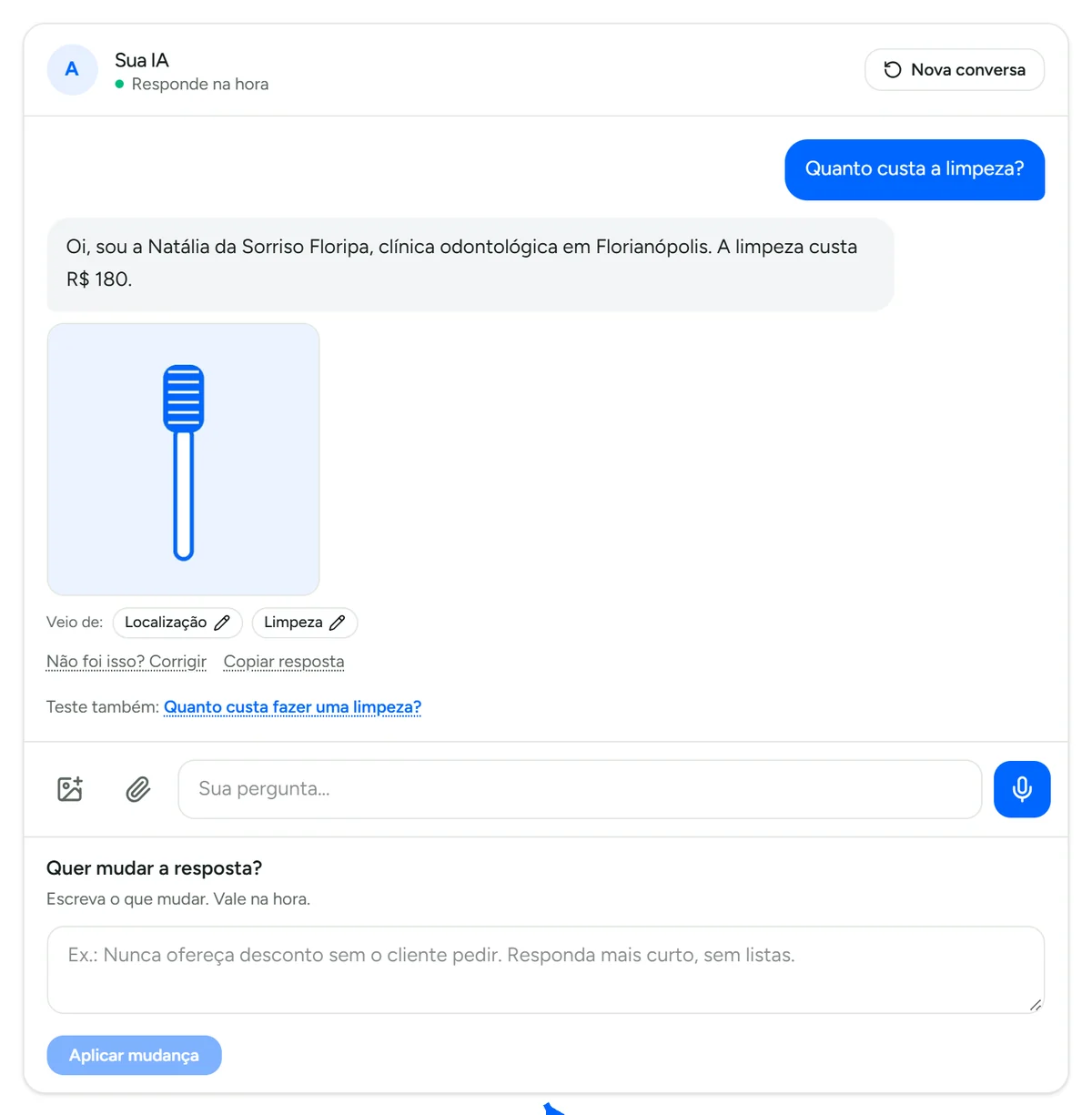 Resposta da IA com a opção de corrigir