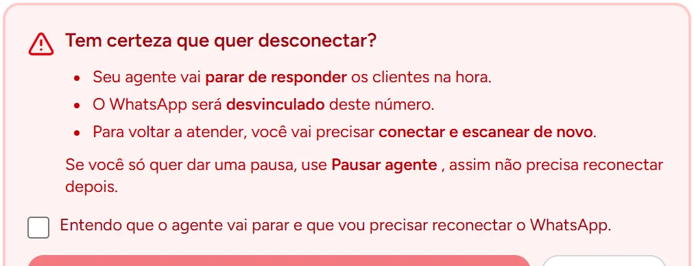 Confirmação de desconexão do WhatsApp no painel da Certu