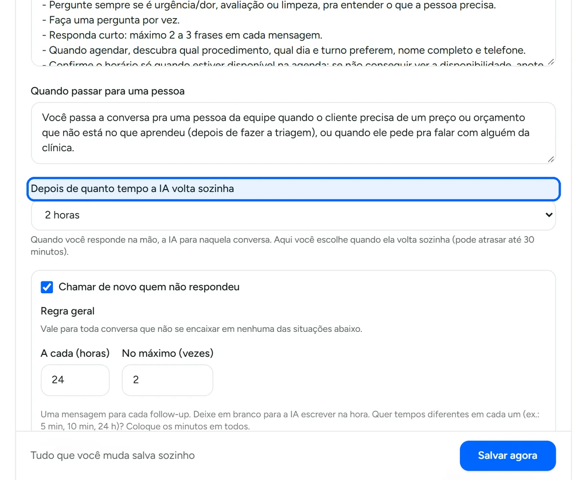 Opções de tempo para a IA voltar sozinha à conversa