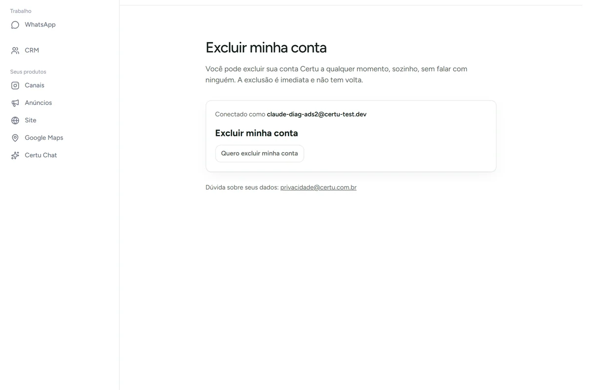 Opção de excluir a conta