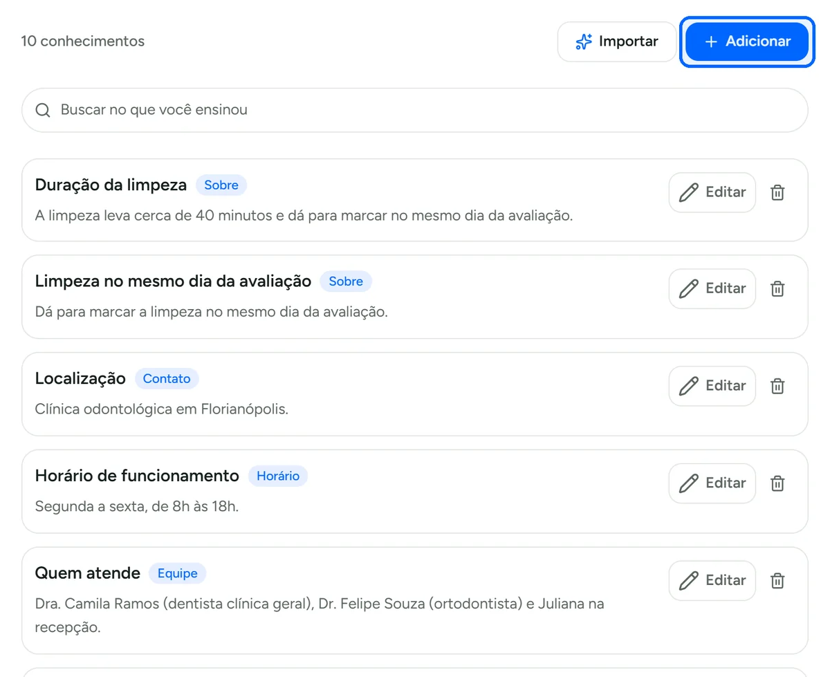 Botão para adicionar uma ficha de conhecimento no Cérebro