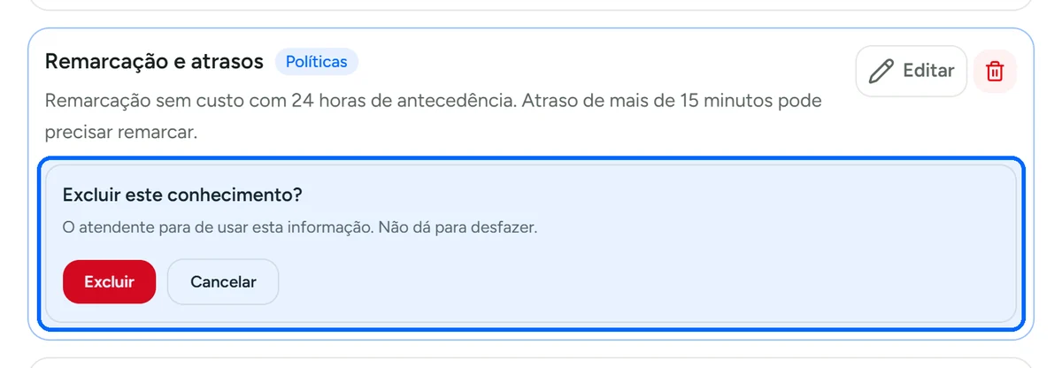 Confirmação para excluir uma ficha de conhecimento