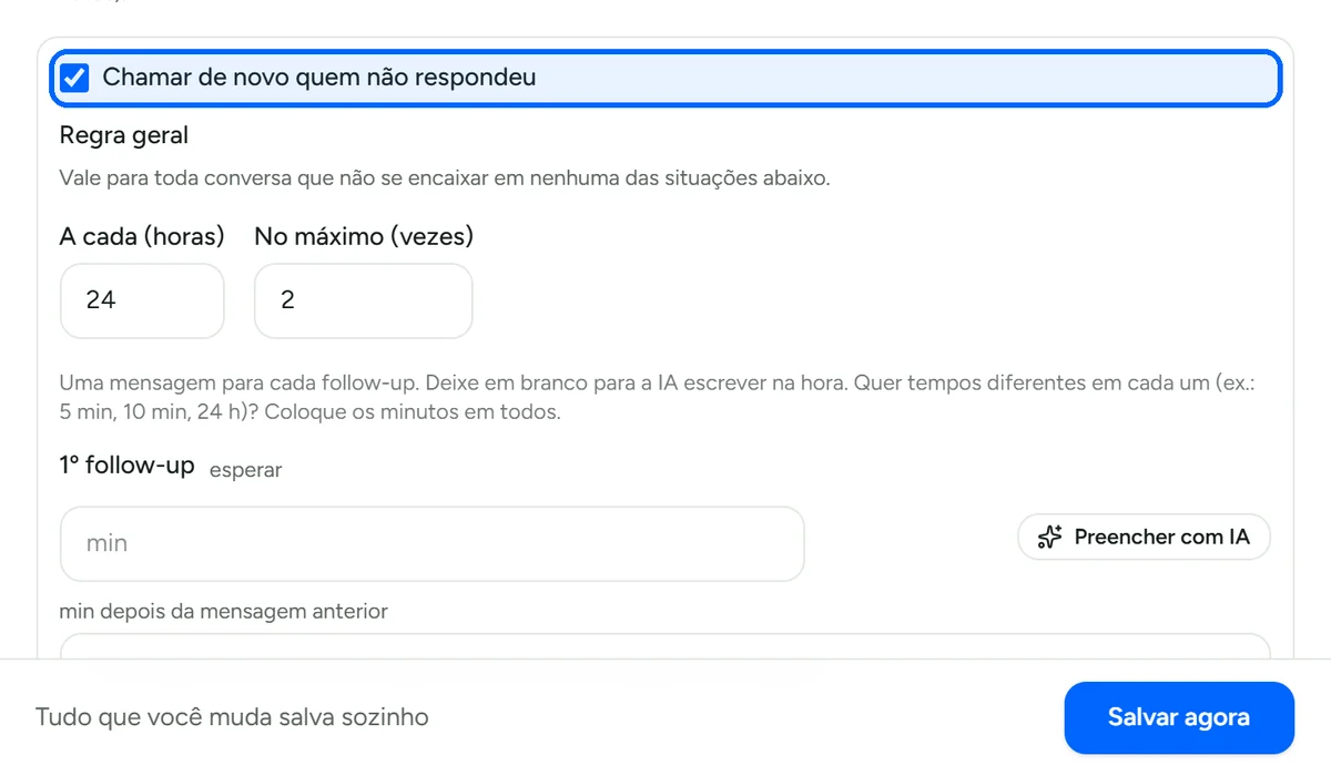Configuração do follow-up automático