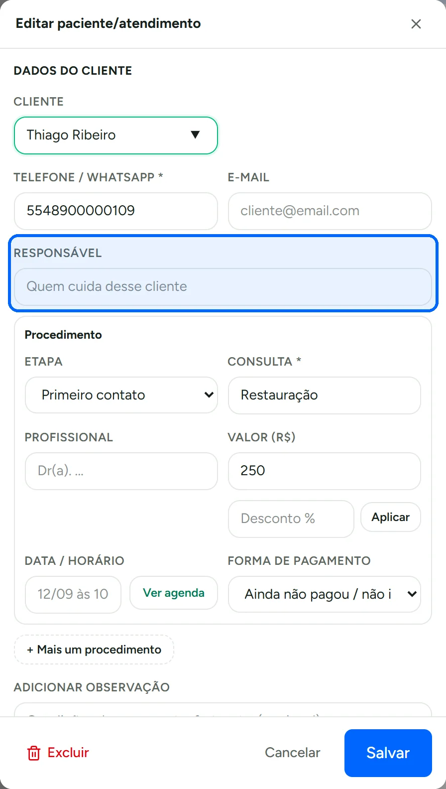 Formulário de negócio no CRM