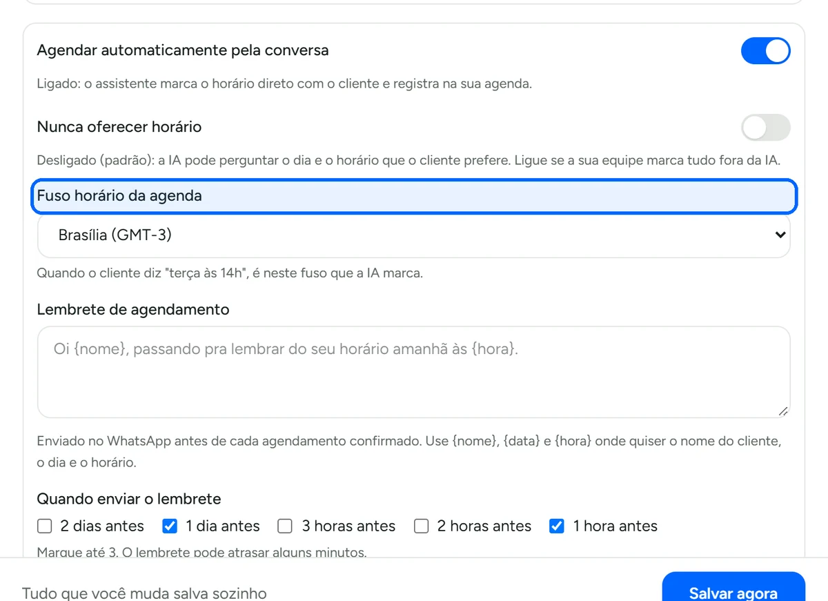 Fuso horário da agenda nas configurações do atendente