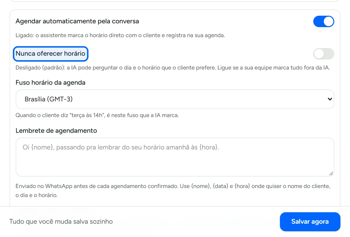 Opção de a IA nunca oferecer horário