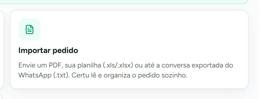 Cartão de importar pedido no CRM