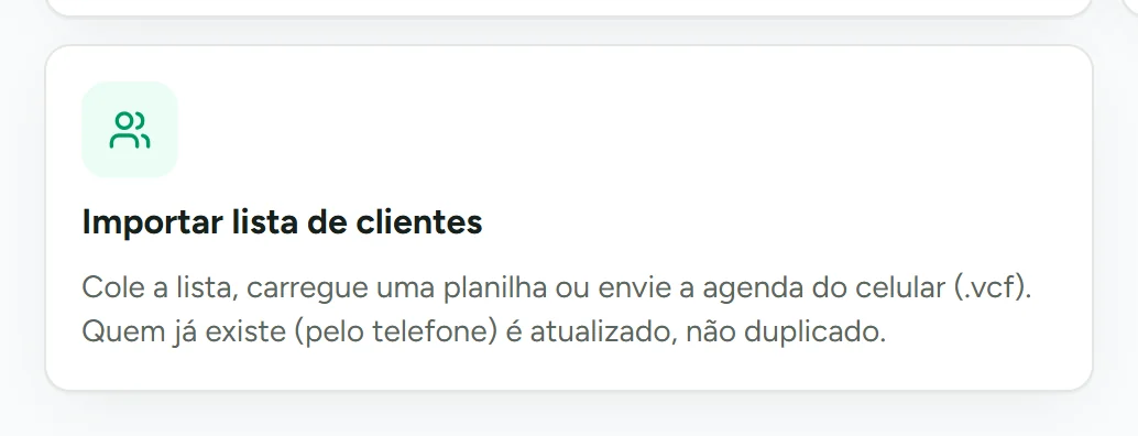 Cartão de importar lista de clientes no CRM