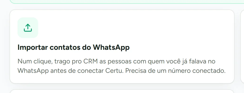Cartão de importar contatos do WhatsApp para o CRM