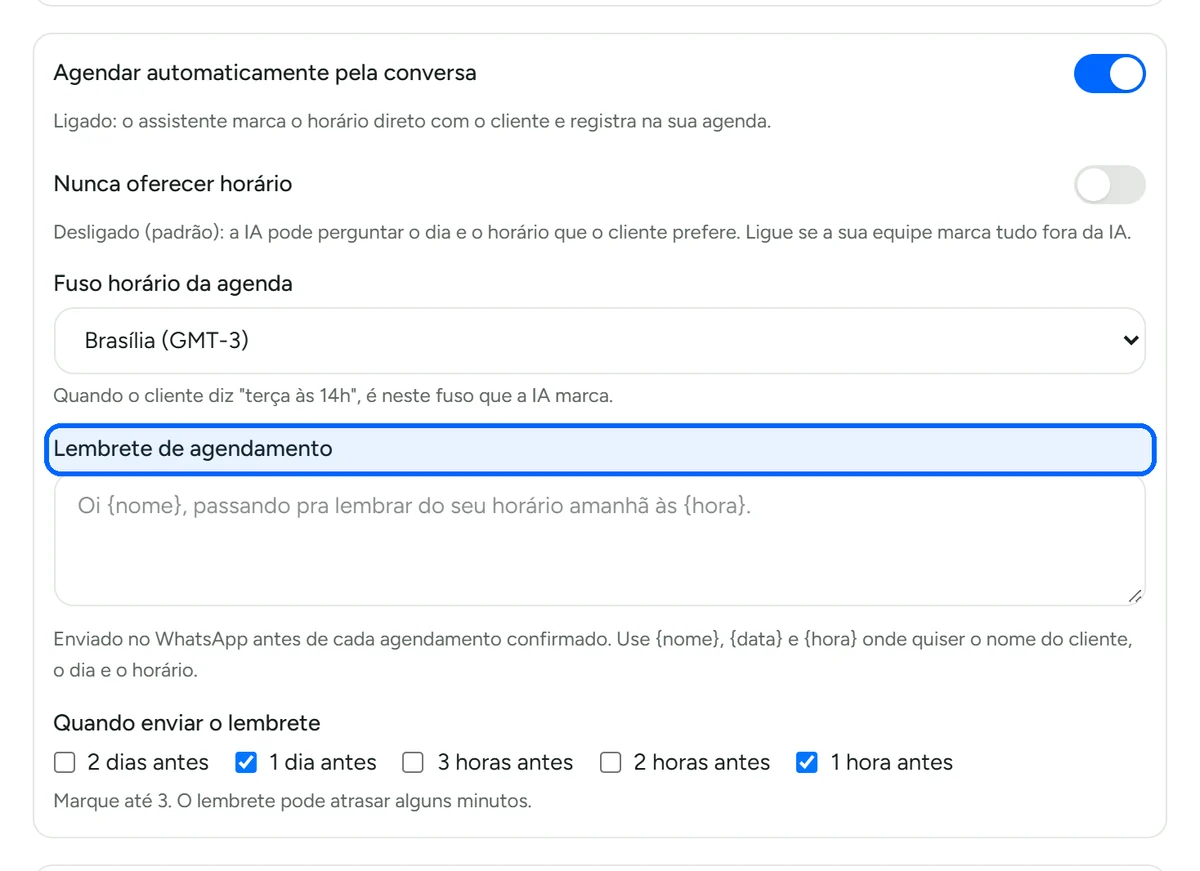 Texto do lembrete de agendamento
