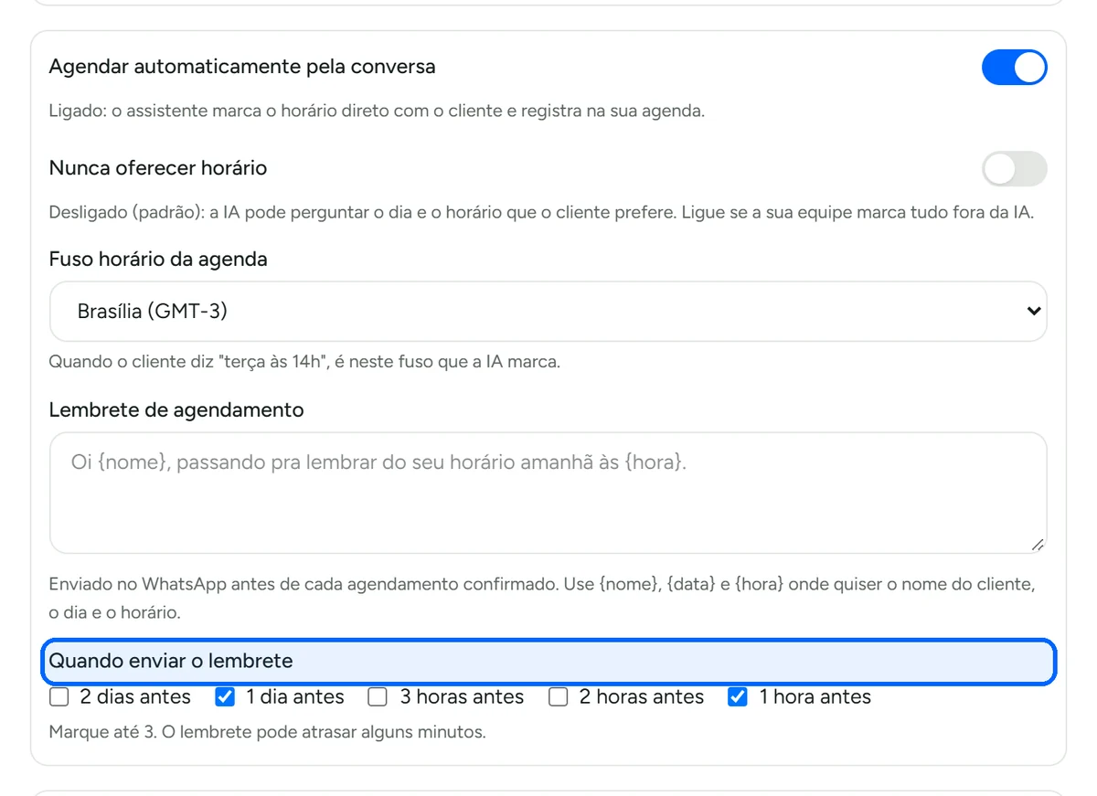Opções de quando enviar o lembrete