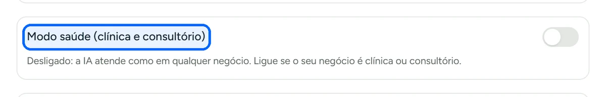 Opção de modo saúde nas configurações do atendente