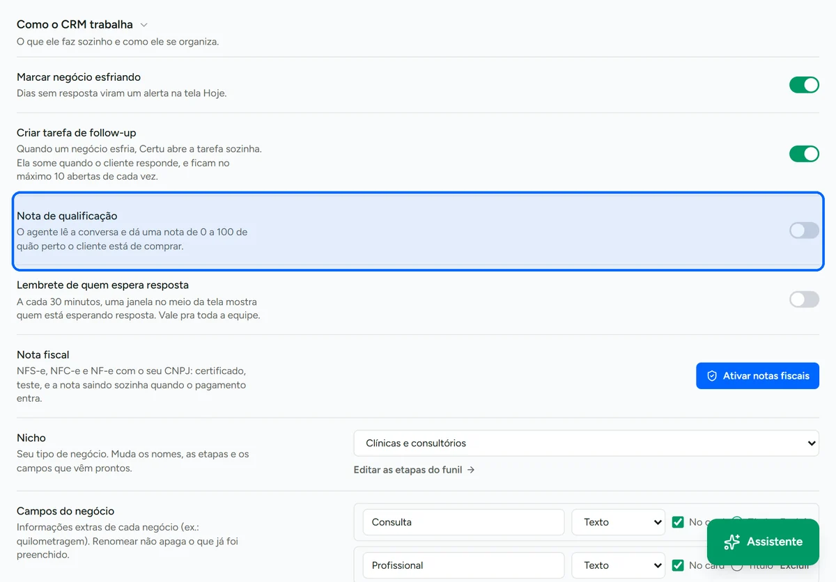 Opção de ligar a nota de qualificação no CRM