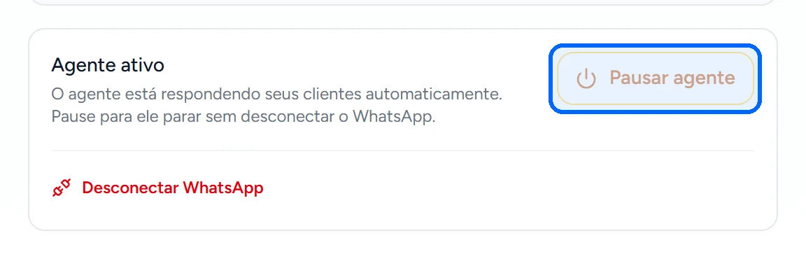 Cartão Agente ativo com o botão de pausar a IA