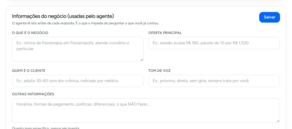 Informações do negócio lidas pelo agente
