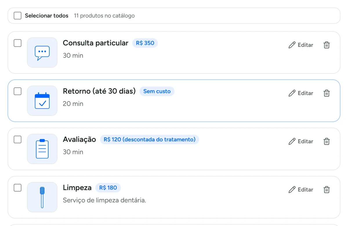 Lista de produtos com preço e foto no Cérebro da Certu, que a IA usa para responder o cliente