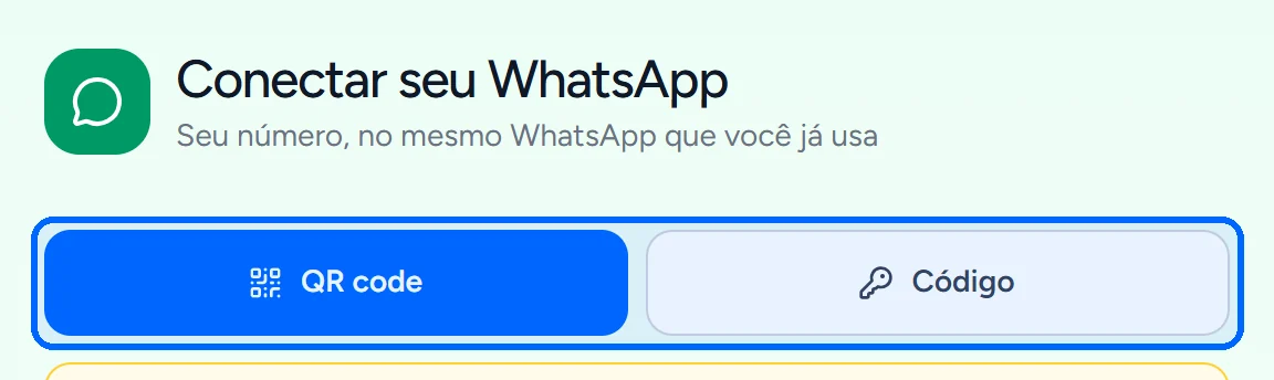 Botões para trocar entre QR code e código de conexão