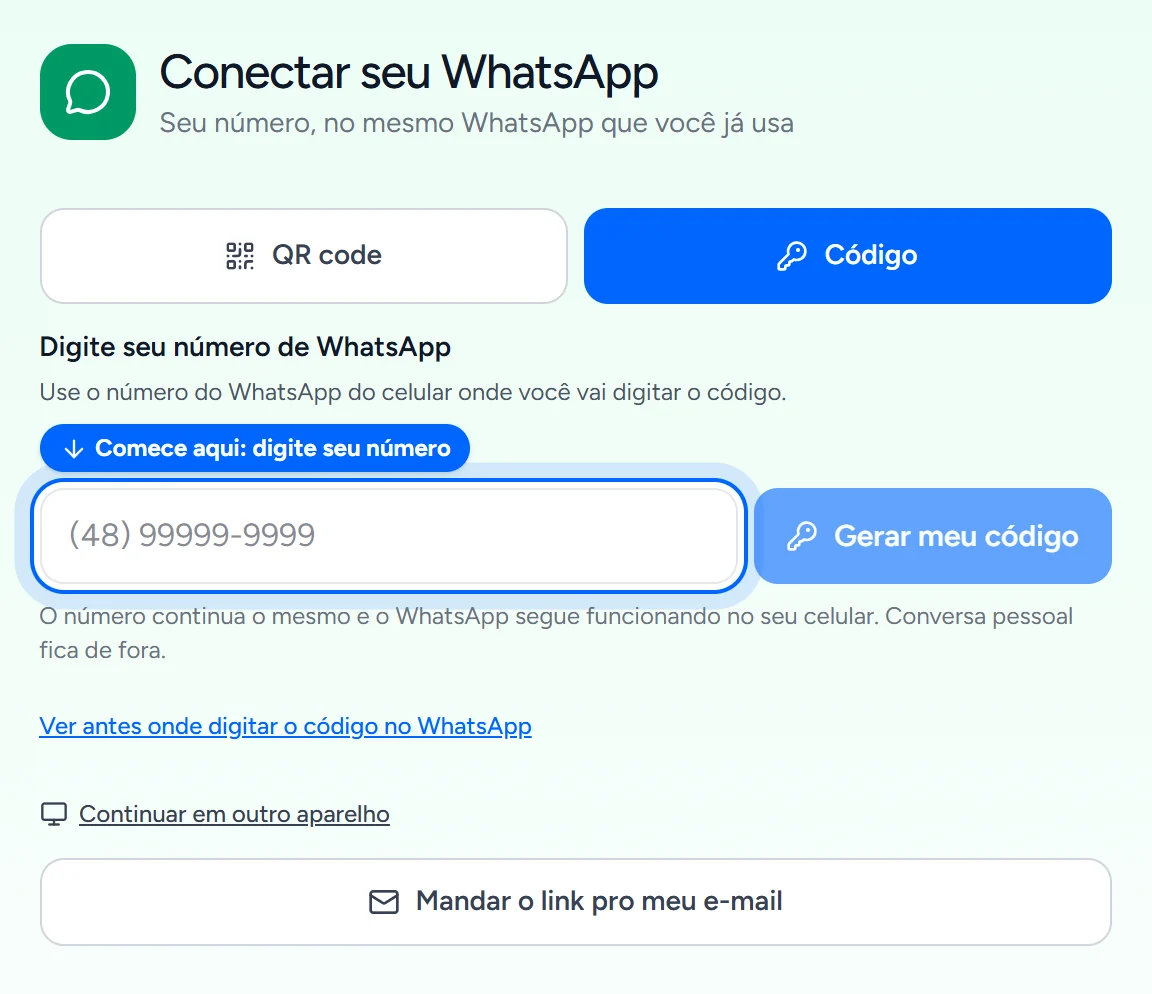 Botões para continuar a conexão em outro aparelho e mandar o link por e-mail