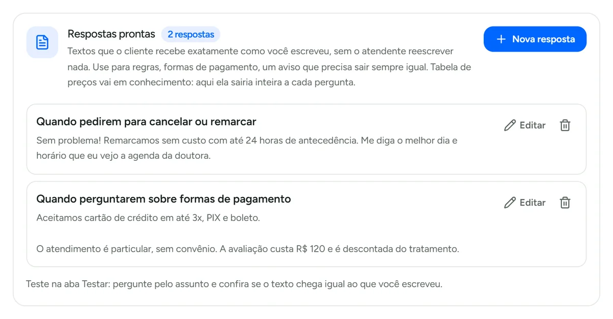 Respostas prontas cadastradas no Cérebro