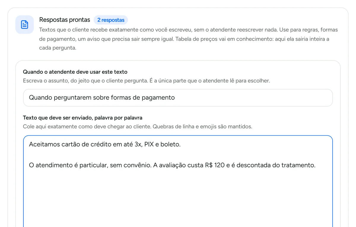 Formulário de resposta pronta com o texto exato a ser enviado