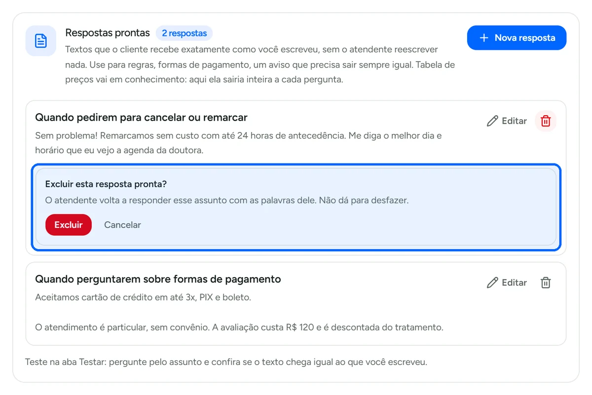 Confirmação de exclusão de resposta pronta