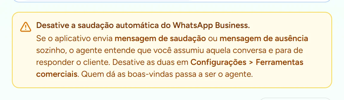 Aviso no painel pedindo para desativar a saudação automática do WhatsApp Business