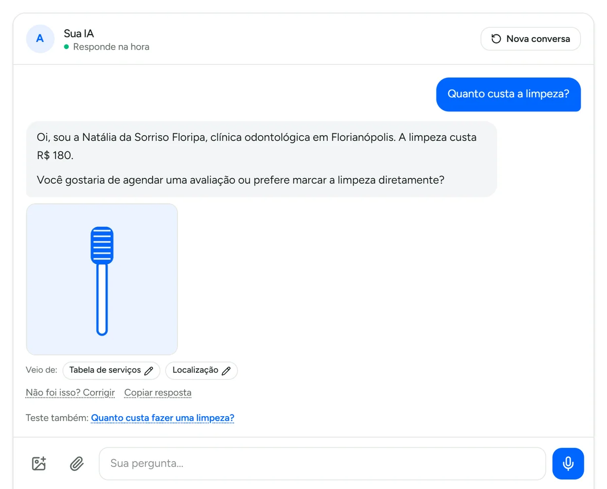 Chat de teste da Certu com uma pergunta de cliente e a resposta da IA, antes de ligar no WhatsApp