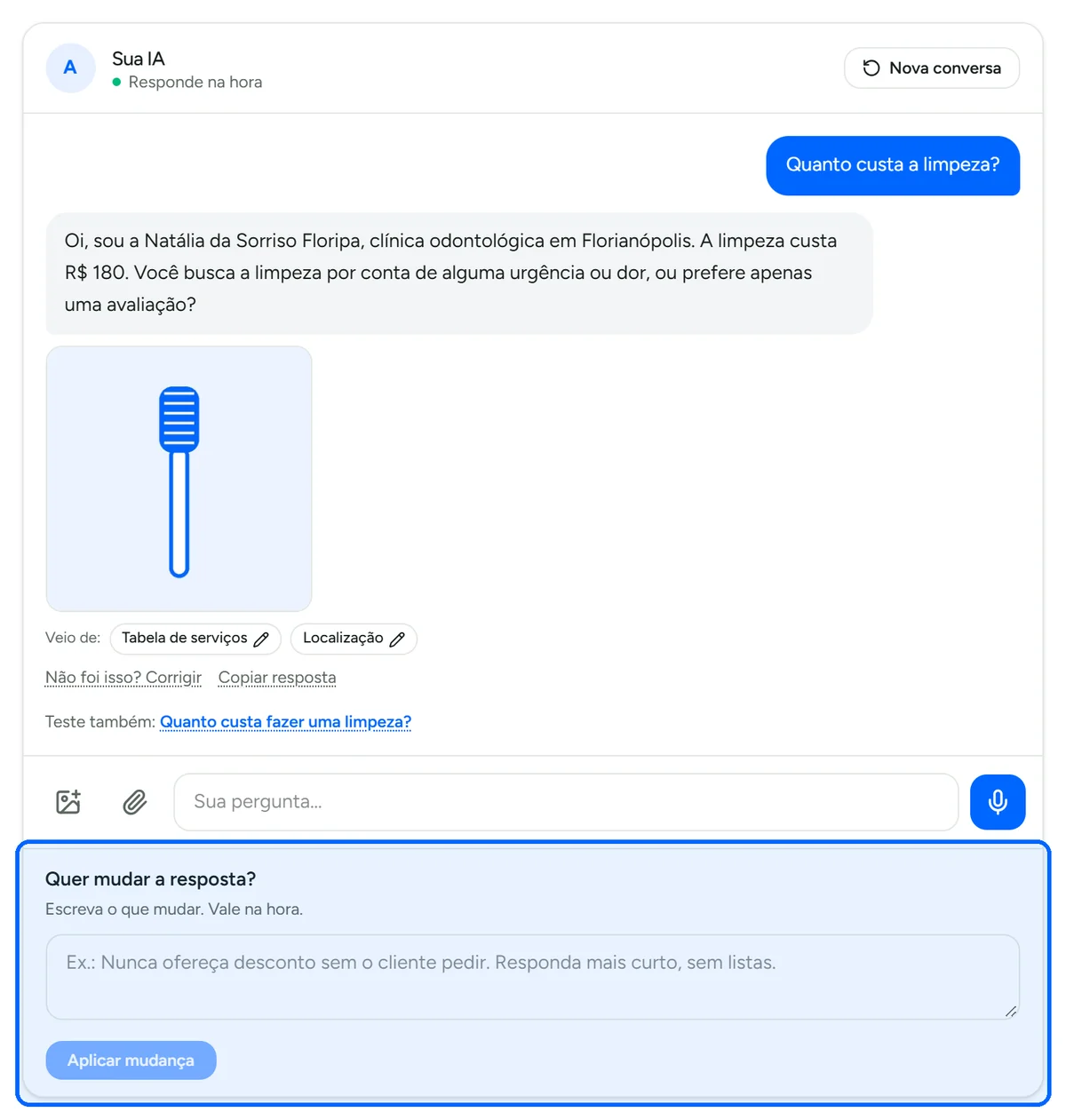 Opção para mudar uma resposta da IA durante o teste