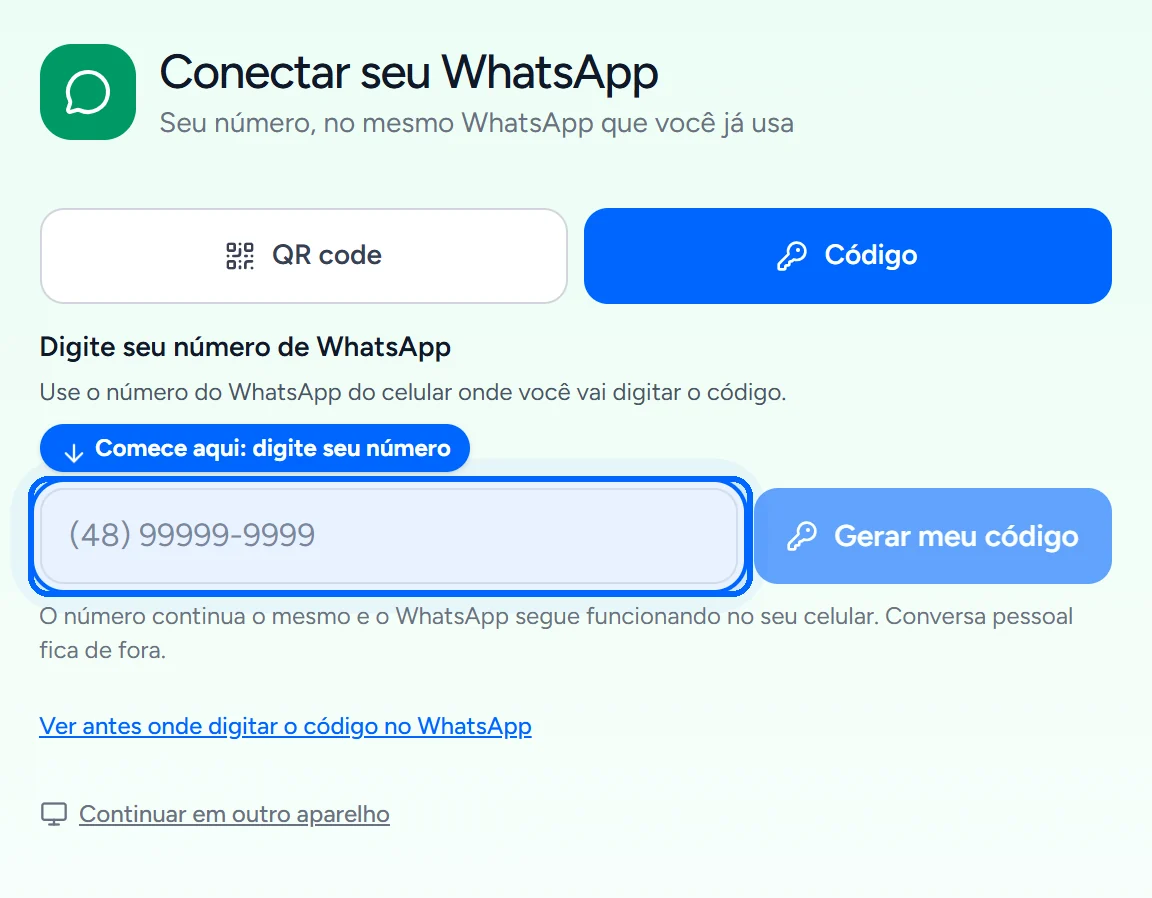 Tela de conectar pronta para um número novo