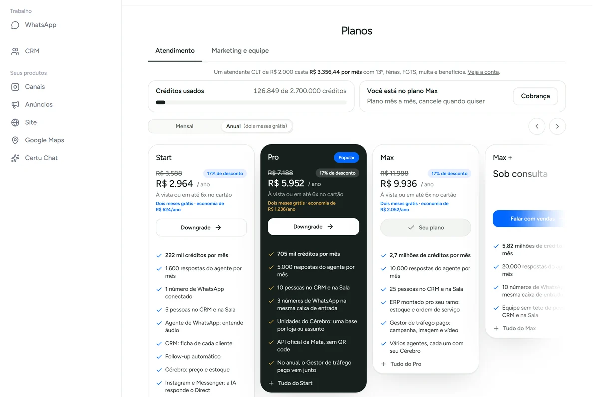 Página de planos com o plano atual marcado