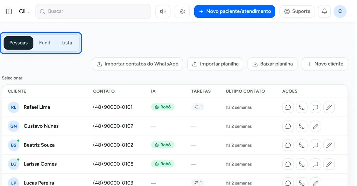 Chave de visões Pessoas, Funil e Lista na aba Clientes