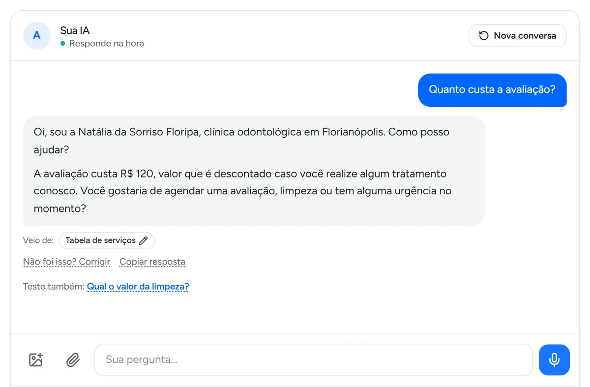 Chat de teste da Certu respondendo uma pergunta de preço com a informação do Cérebro do negócio