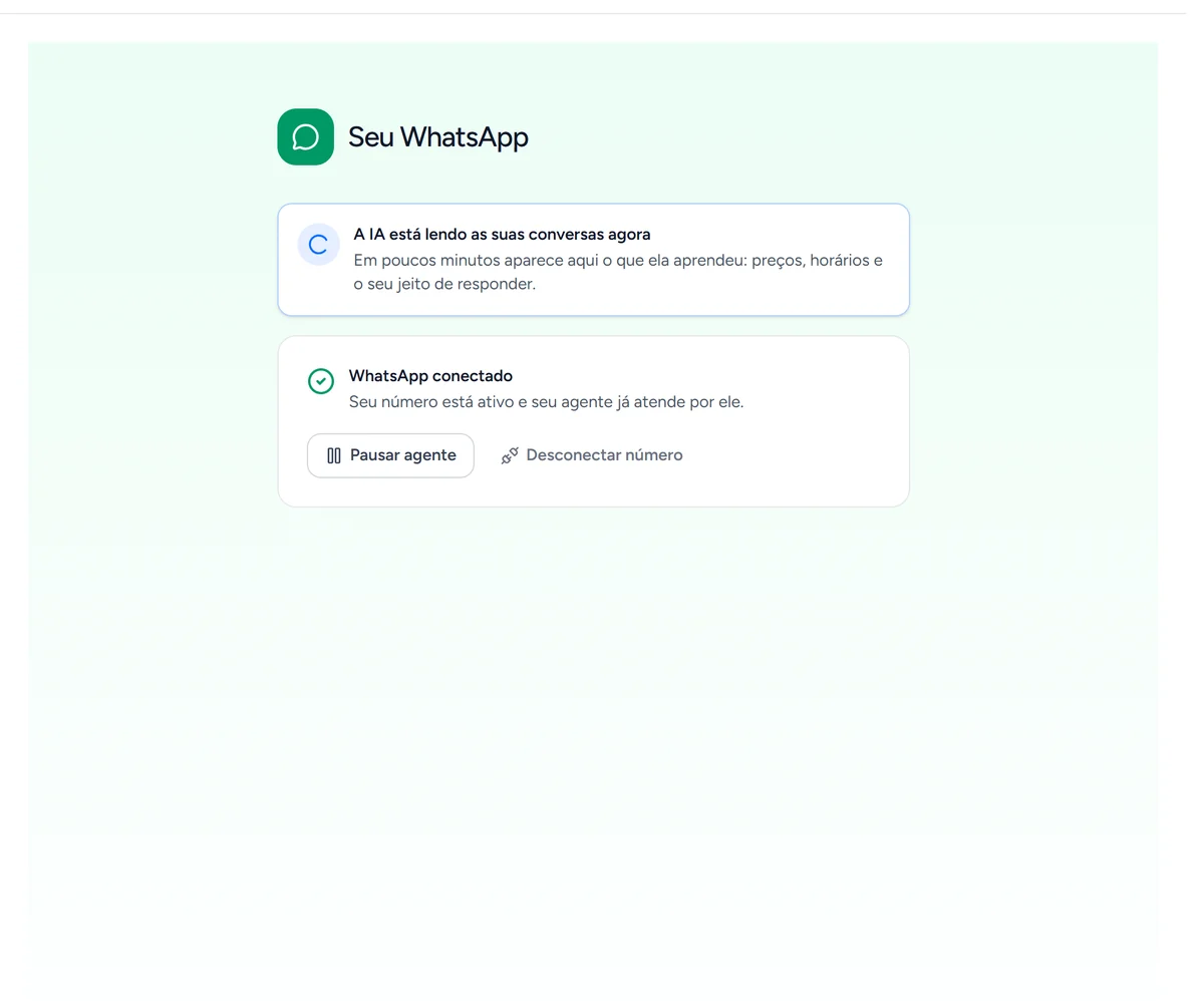 Tela Conectar WhatsApp da Certu com a IA lendo as conversas e o número conectado, com Pausar agente e Desconectar número