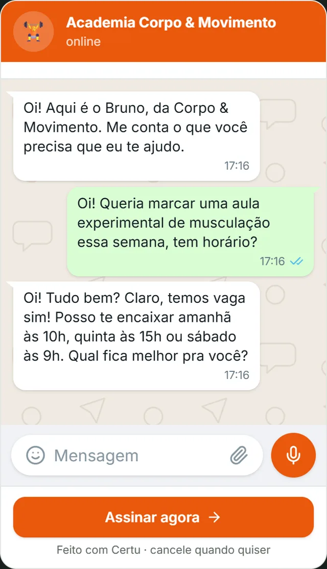 Conversa no WhatsApp com uma academia de demonstração: a pessoa pede uma aula experimental de musculação e a IA responde oferecendo três horários, amanhã às 10h, quinta às 15h ou sábado às 9h