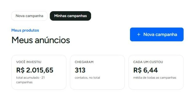 Tela Meus anúncios da Certu com o total investido, os contatos que chegaram e o custo de cada um