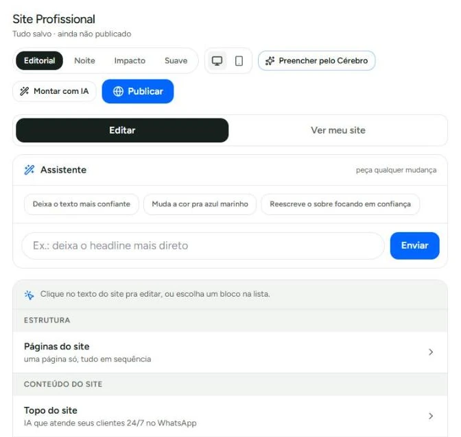 Editor de site da Certu, com os estilos, o assistente e os blocos do site