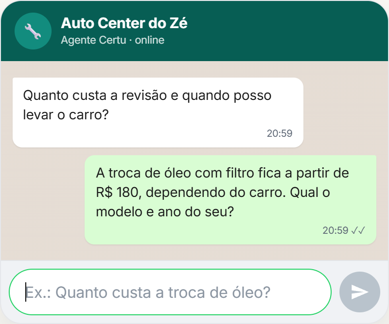 Print do simulador de Certu: o agente de uma oficina respondendo o preço da revisão e perguntando o modelo do carro. É o mesmo agente que a empresa em São Gonçalo usa junto com o atendente de telefone.