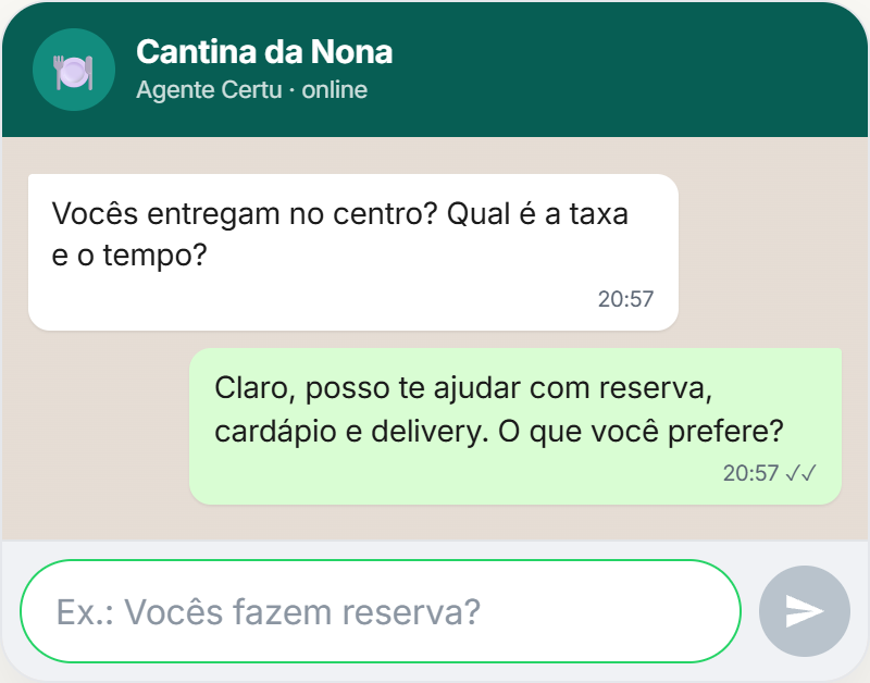 Print do simulador de Certu: o agente de um restaurante respondendo sobre reserva, cardápio e entrega. É o mesmo agente que o restaurante em Maceió usa junto com o CRM.